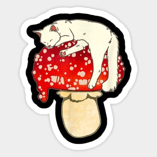 Cute White Cat Sleeping On Red Spotted Mushroom Sticker